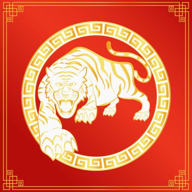 Kırmızı arka planda Çin altın çemberli kaplan çerçevesi. Yeni yıl 2022. Kaplan Yılı. Çin çerçevesi. Klasik model. Tebrik kartı, davetiye, poster, broşür, pankart, takvim için.
