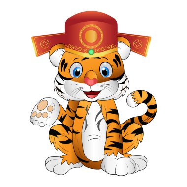 Beyaz arka planda izole edilmiş Çin şapkası takan gülümseyen kaplan çizgi filmi, şirin kaplan. Komik, neşeli bir Tigre 'nin oturuşunun çizimi. Tasarım yılı için kaplan, zodyak yılı, Çin yeni yılı..