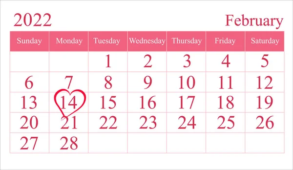 Calendario Mensual San Valentín Forma Corazón Marcado Febrero 2022 Color — Archivo Imágenes Vectoriales