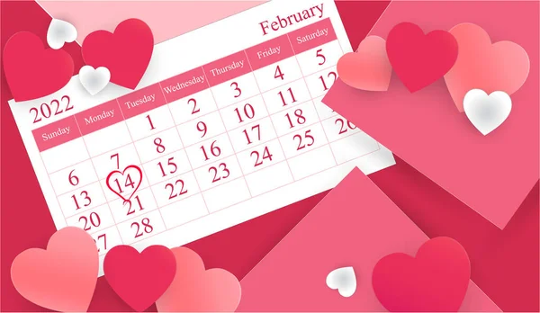 带有文字的元素空间 剪纸风格 用于贺卡 贺卡书写 情人节与日历 心形标志于2022年2月14日 用于横幅 设计元素 — 图库矢量图片