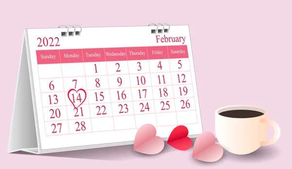 Hari Valentine Kalender Bentuk Hati Ditandai Pada Februari 2022 Dalam - Stok Vektor