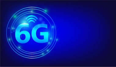 6G teknolojisi. Kavramsal soyutlama çemberinde. Modern ve iletişim 6G ağı, mavi ton arkaplan ve ağ bağlantısı. 5G ağının yerini alacak bir sistem geliştirme yolu.
