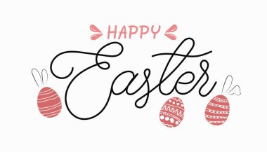 El yazısı paskalya tabirleri. Beyaz arka planda izole edilmiş tavşan kulaklı paskalya yumurtaları içeren tebrik kartı şablonu. Mutlu Paskalya mektupları. Rozetler, amblemler, dini amblemler, web pankartları için. 