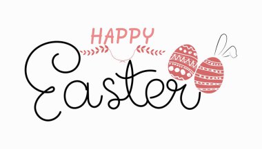 El yazısı paskalya tabirleri. Beyaz arka planda izole edilmiş tavşan kulaklı paskalya yumurtaları içeren tebrik kartı şablonu. Mutlu Paskalya mektupları. Rozetler, amblemler, dini amblemler, web pankartları için. 