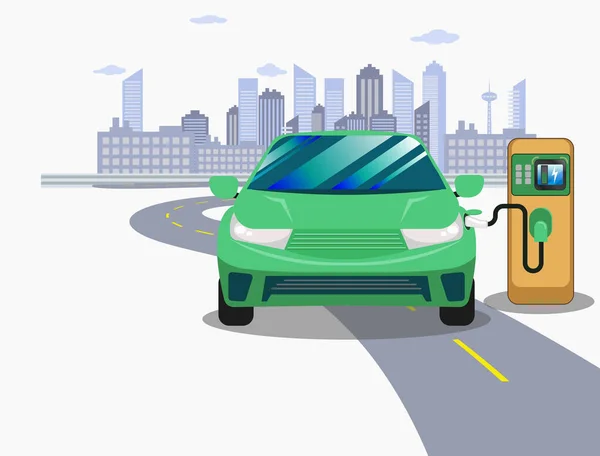 Green Electric Samochód Stacji Ładowania Urządzenia Ładowania Auto Zielonym Znakiem — Wektor stockowy