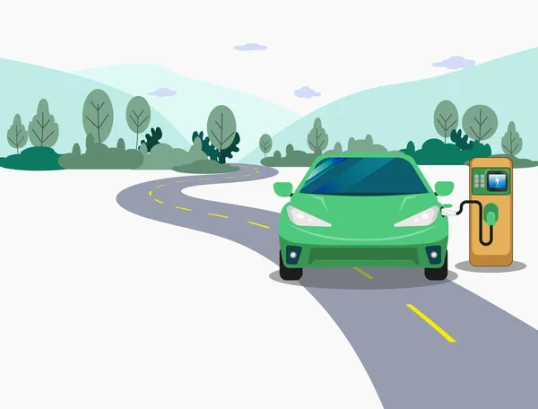 充电站的登陆页模板 电动汽车和绿色电动汽车在电动汽车上充电器生态电动汽车在电动汽车上充电 彩色平面图形矢量图解 — 图库矢量图片