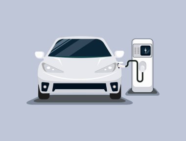 Şarj istasyonunda kablolu beyaz elektrikli araba modern elektrikli akıllı araba. Gri arka planda izole edilmiş. Yeşil Enerji konsepti. Gelecekteki elektrikli emo taşınımının vektör çizimi.