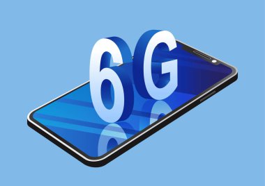 6G teknoloji konsepti, 6G altıncı nesil harfli bir akıllı telefon. 3D yazı, Teknolojinin Planı. ağ bağlantısı. pankart, web sitesi, illüstrasyon, iniş sayfası, broşür vs. için.
