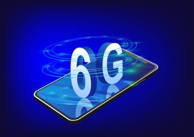 6G teknoloji konsepti, 6G altıncı nesil harfli bir akıllı telefon. Üç boyutlu metin, teknolojinin fırtına frekans dalgaları. ağ bağlantısı. pankart, web sitesi, illüstrasyon, iniş sayfası
