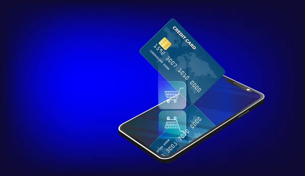 Kreditkort Smartphones Med Varukorg Ikon Mobilbanksapp Och Betalning Betala Med — Stock vektor