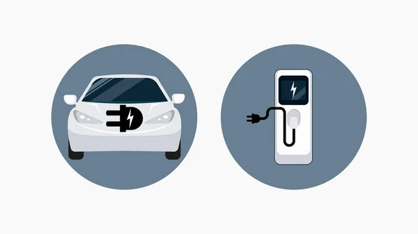 电动汽车智能汽车图标与充电站与插件电缆 在白色的背景上 呈灰色的圆圈 绿色能源概念 未来运输电动汽车的矢量图解 — 图库矢量图片