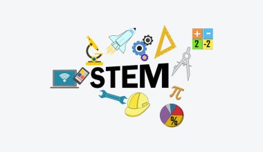 BTMM Eğitim konsepti. Bilim Teknolojisi Mühendisliği Matematiği 'nden oluşuyor, ikonlarla eğitim sözcükleri hesaplıyor. beyaz arkaplanda izole edilmiş