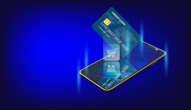 Kredi kartları, alışveriş arabası ikonlu akıllı telefonlar. Mobil bankacılık uygulaması ve e-ödeme. Elektronik telefon cüzdanıyla kredi kartıyla ödeme. Çevrimiçi bankacılık. Telefon bağlantılı kart. Vektör illüstrasyonu 3B. 