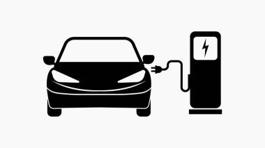 Kablolu şarj istasyonu olan elektrikli araba akıllı araba ikonu. Siyah ve beyaz beyaz, beyaz arka planda izole edilmiştir. Yeşil Enerji konsepti. Gelecekteki elektrikli emo taşınımının vektör çizimi.