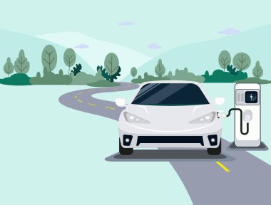 Şarj istasyonu için iniş sayfası şablonu. Elektrikli arabalar EV 'de. Şarj istasyonundaki beyaz elektrikli araba Eko elektro araçlar EVSE, Renkli düz grafik çizim