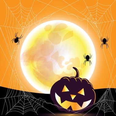 Portakal arka planında ay ışığı altında Cadılar Bayramı balkabakları ve büyük bir ay. Siyah bir siluet örümcekle. Ve örümcek ağı. Boşluğu metin için kopyala. Mutlu Cadılar Bayramı veya Cadılar Bayramı satar. konsept.