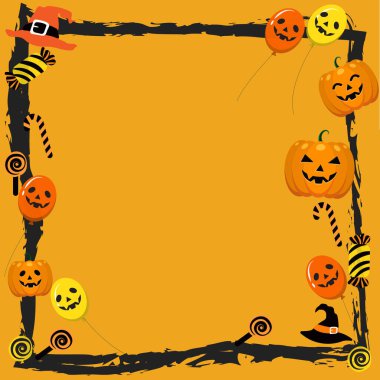 Turuncu Cadılar Bayramı Geçmişi. Tasarım elemanları mutlu tatiller. Balkabağı, balon, değnek, şeker, şeker ve cadı şapkasıyla birlikte senin kopyan için de yer var. açık şekiller ya da yollar. ve siluetler siyah çerçeve. 