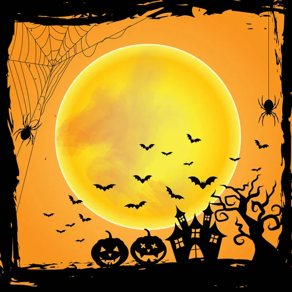 Pomarańczowe Halloween Elementy Projektowe Wesołych Wakacji Dynią Dużym Księżycem Pająkiem — Wektor stockowy