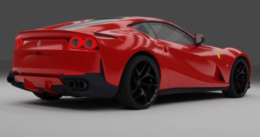 Ferrari 812 'nin 3D görüntüsü. İzole edilmiş arka planda hızla ilerliyor.