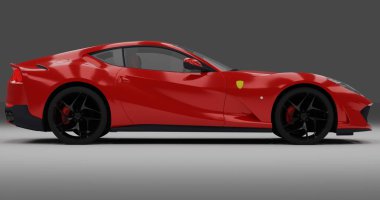 Ferrari 812 'nin 3D görüntüsü. İzole edilmiş arka planda hızla ilerliyor.