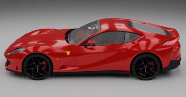Ferrari 812 'nin 3D görüntüsü. İzole edilmiş arka planda hızla ilerliyor.