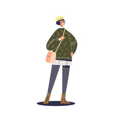 Modayı takip eden, şık sokak kıyafetleri giyen genç bir kadın. Sonbahar moda konsepti