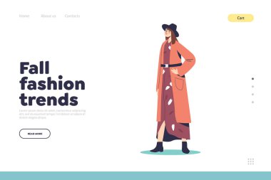 Şapka, elbise ve hırka giyen zarif genç bir bayanla sonbahar moda konsepti iniş sayfası