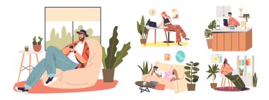 Cihaz kullanan insanlar: rahatlamak veya çalışmak için akıllı telefonlar, dijital tabletler ve dizüstü bilgisayarlar