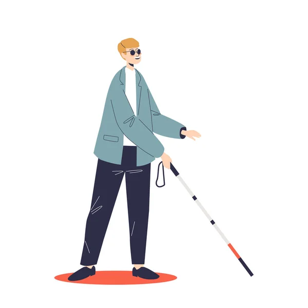 Jongeman met een zonnebril beweegt met een wandelstok. Man met een handicap en gezichtsstoornis — Stockvector