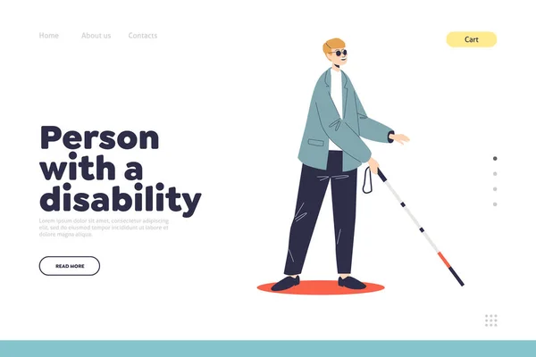 Άτομο με αναπηρία έννοια της σελίδας προσγείωσης με νεαρό τυφλό άνδρα σε γυαλιά ηλίου με μπαστούνι — Διανυσματικό Αρχείο