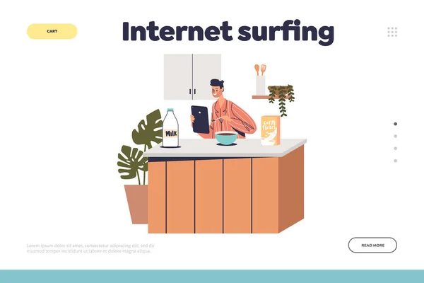 Internet surfing koncept landningssida med människan använda digitala surfplatta titta på video äta frukost — Stock vektor
