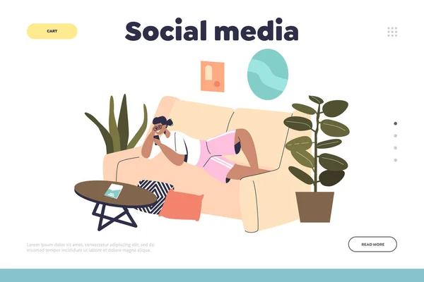 Sociální média koncept přistávací stránky s mladou dívkou ležící v pohovce doma pomocí smartphone zařízení — Stockový vektor