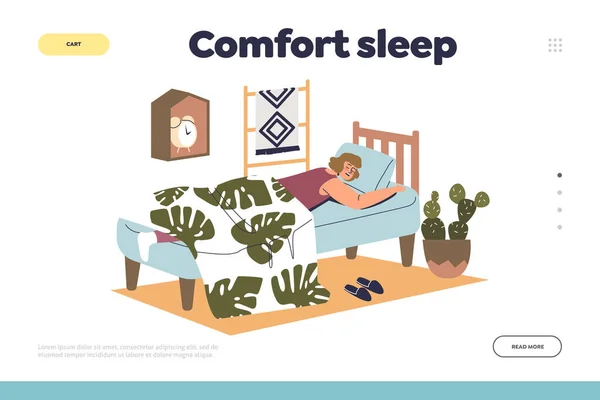 Conforto conceito de sono de landing page com mulher dormindo confortável deitado sob cobertor na cama — Vetor de Stock