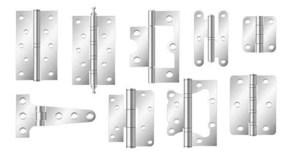 Dobradiças de porta de metal, hardware de construção de prata. Conjunto realista de ferramentas para portões e janelas comuns — Vetor de Stock