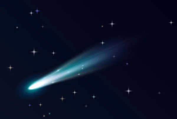 Caindo cometa, asteróide ou meteoro com trilha de chama azul no cosmos. Céu negro realista com estrelas —  Vetores de Stock
