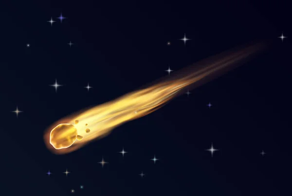 Meteorito realista, cometa, asteróide, meteorito, estrela caem com rasto ardente sobre o céu azul escuro —  Vetores de Stock