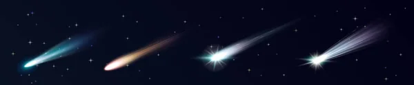 Disparo de estrellas, cometas en cielo estrellado o espacio profundo cayendo con rastro de fuego. Meteoritos realistas — Archivo Imágenes Vectoriales