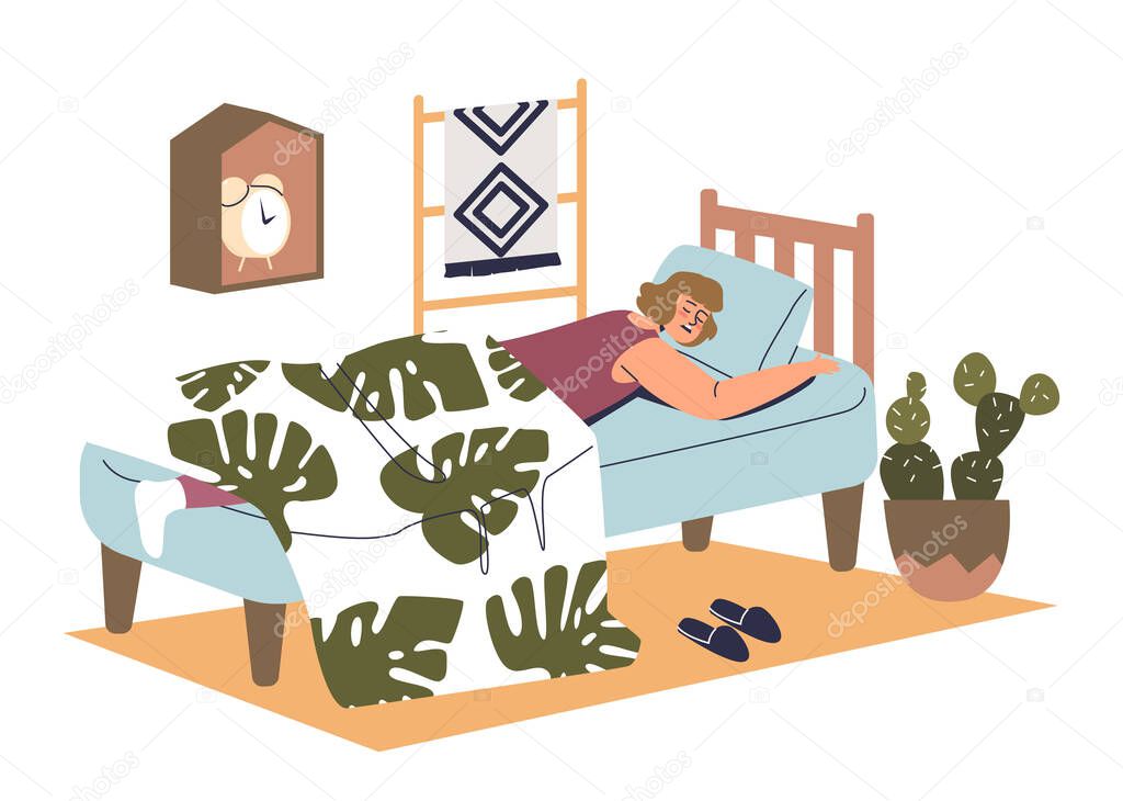 Woman sleeping comfortable lying under blanket in bed with comfort mattress