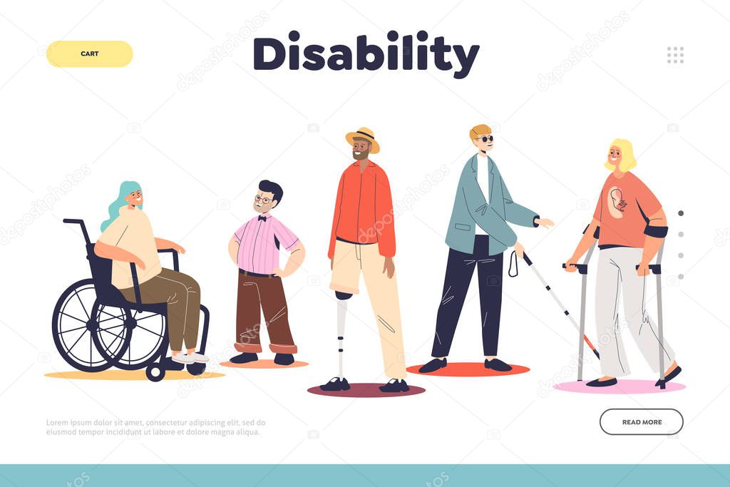 Disability landing page with group of disabled handicapped young people on wheelchair, with crutches
