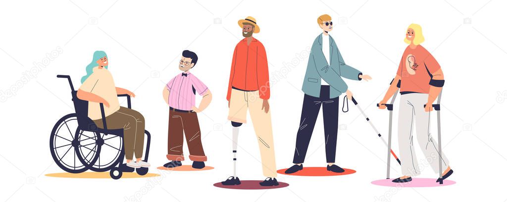 Set of disabled young people on wheelchair, walking with crutches, blind, with prosthesis and dwarfs