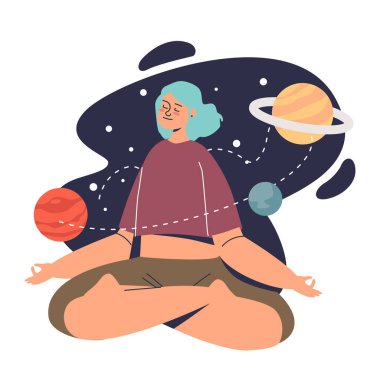 Genç kız meditasyon ve farkındalık zeni yapıyor. Sakin kadın bacak bacak üstüne atarak meditasyon yapıyor.