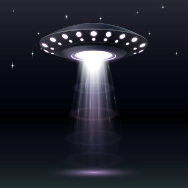 Uzaylı uzay gemisi, mavi ışıklı UFO. Gelecekçi uçan daire, tanımlanamayan yuvarlak roket.