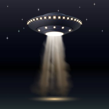 Gerçekçi uzay gemisi, gece gökyüzünde tanımlanamayan uçan nesne. UFO istilası. Uzaylı uzay roketi