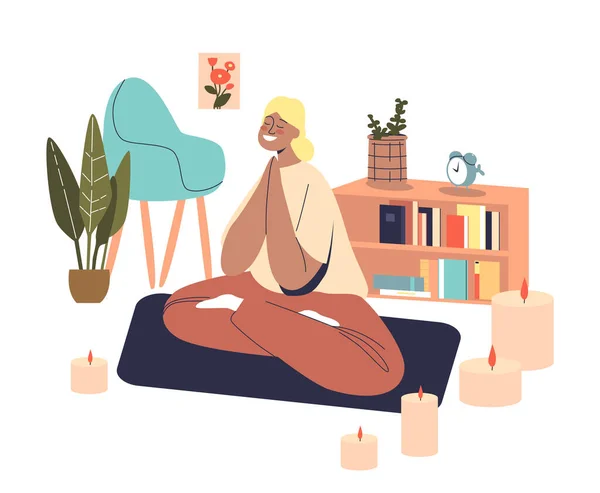 Homan gyakorolja otthon a meditációt. Pihent fiatal nő ül jóga zen lótuszban pózol — Stock Vector