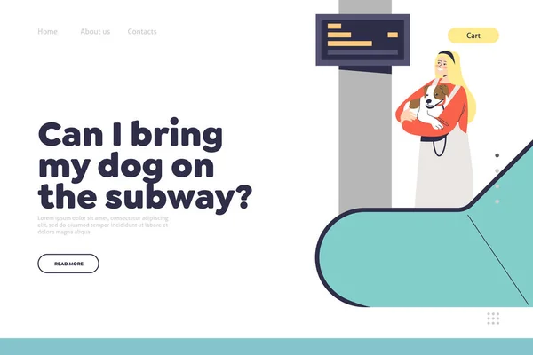 Hund på tunnelbanan begreppet landning sida med flicka innehav sällskapsdjur hund på rulltrappan ridning till tunnelbanan — Stock vektor