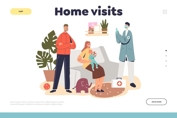 Visitas domiciliares conceito de landing page com médico de família visita criança doente em casa —  Vetores de Stock