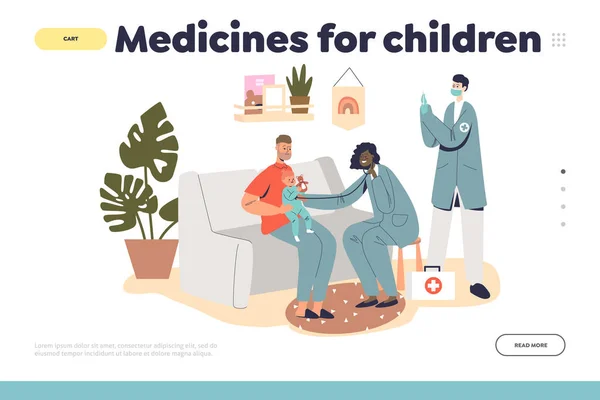 Лекарства для детей концепция целевой страницы с семейными врачами педиатр посетить ребенка на дому — стоковый вектор