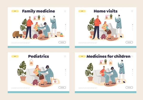 Pediatrics and medicine landing pages set with pediatricians doctors visiting kids patients at home — Stock Vector