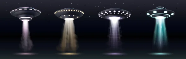 Διαστημόπλοια UFO. Ρεαλιστικά εξωγήινα διαστημόπλοια με δέσμη φωτός, καπνό και λάμψη πάνω από τον σκοτεινό ουρανό — Διανυσματικό Αρχείο