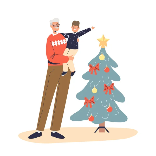 Glücklicher Opa hält kleinen Jungen am geschmückten Weihnachtsbaum an den Händen und feiert Weihnachten — Stockvektor
